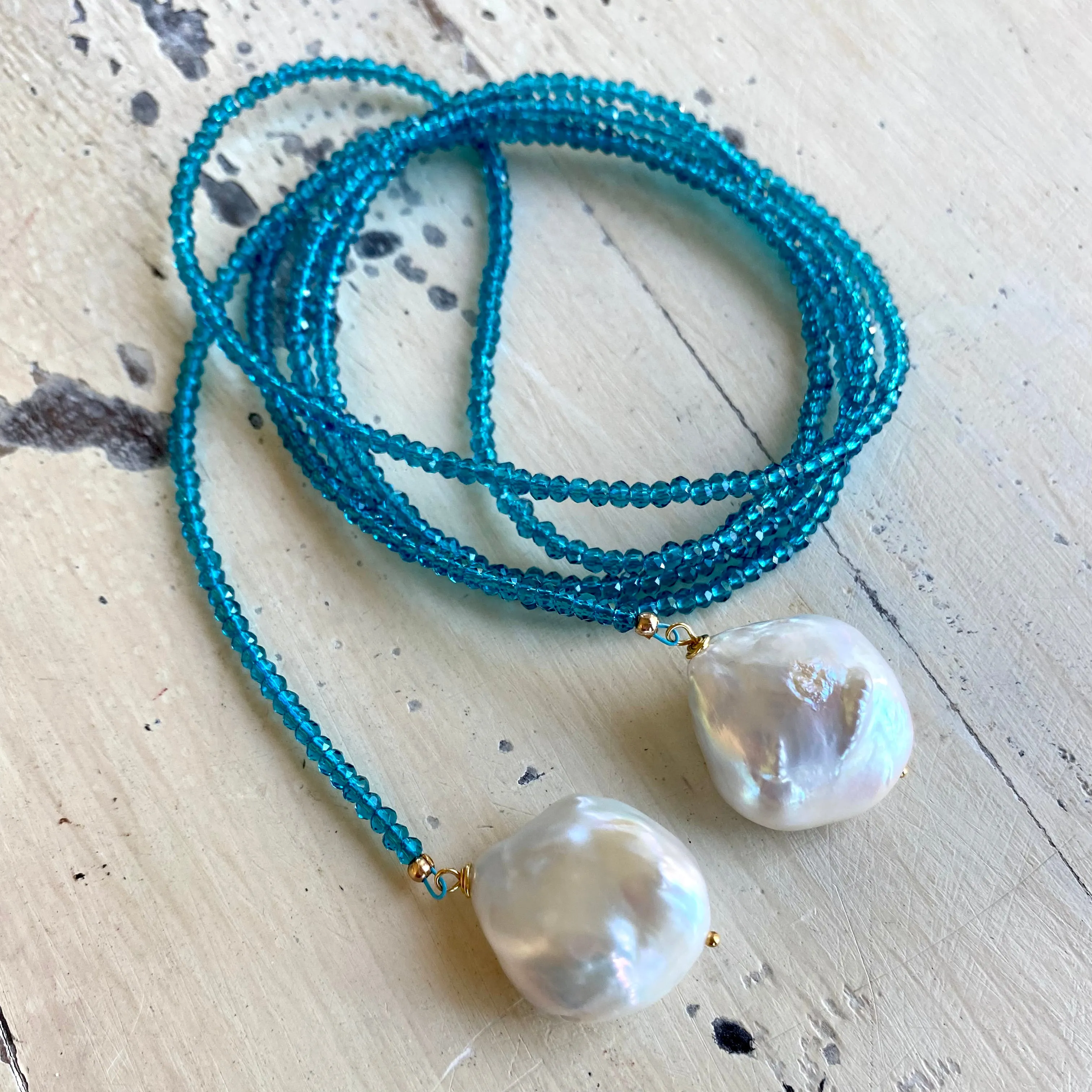 London Blue Quartz & two Large Baroque Pearls Lariat Necklace, 43in