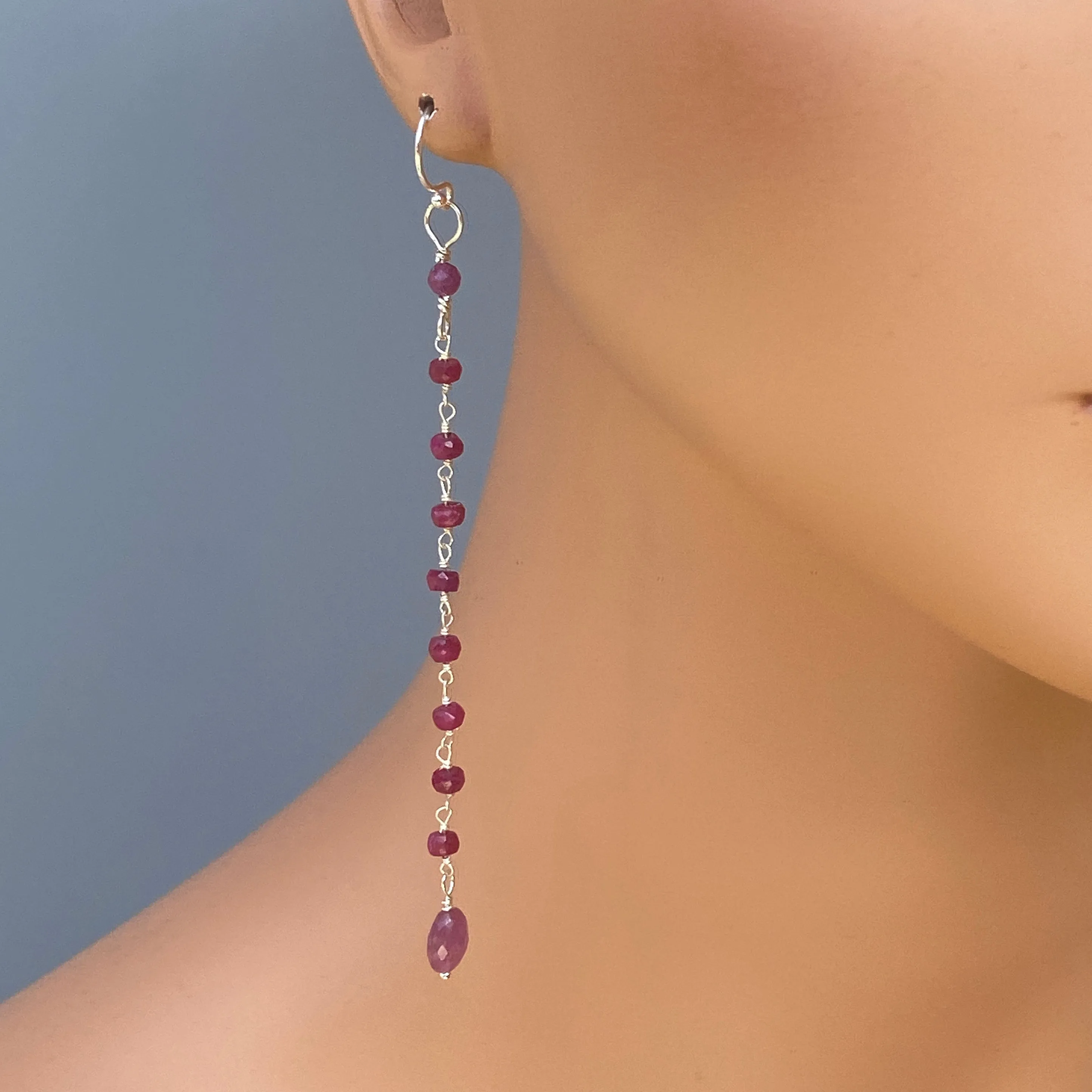 Long Ruby gemstone and silver Dangle Earrings