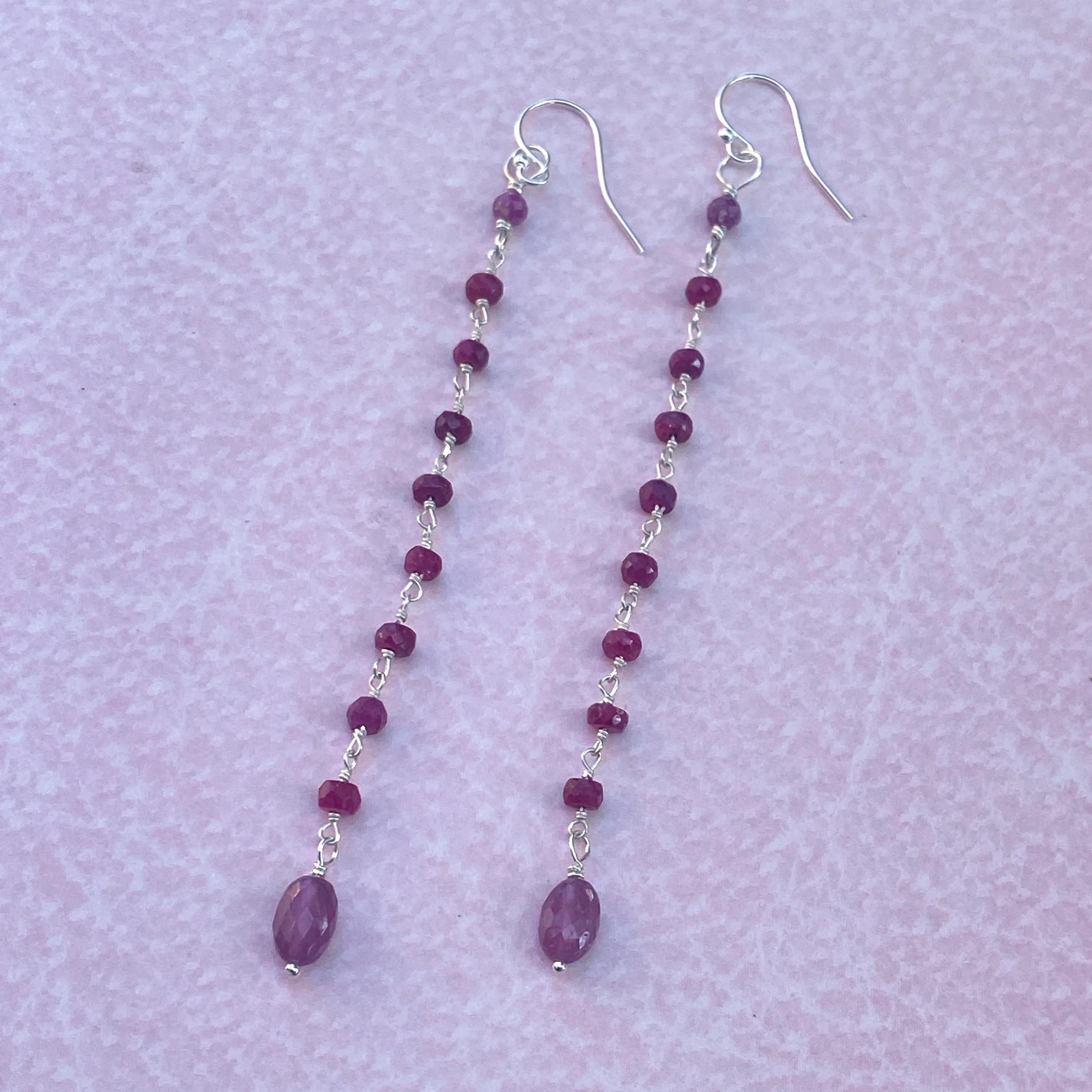 Long Ruby gemstone and silver Dangle Earrings