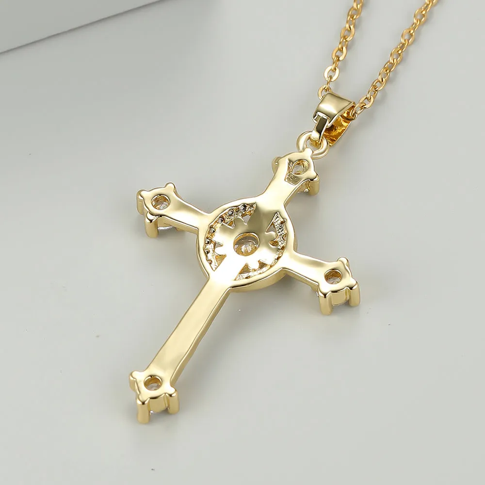 Luxury Cross Zircon Pendant Necklace, Golden Color Chain Necklaces Charm White Zircon Wedding Necklaces For Women