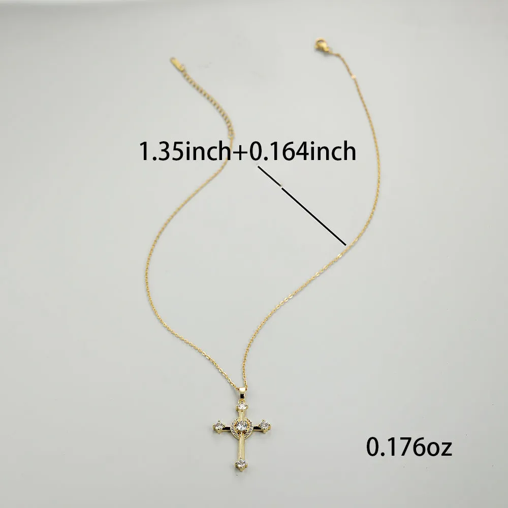 Luxury Cross Zircon Pendant Necklace, Golden Color Chain Necklaces Charm White Zircon Wedding Necklaces For Women