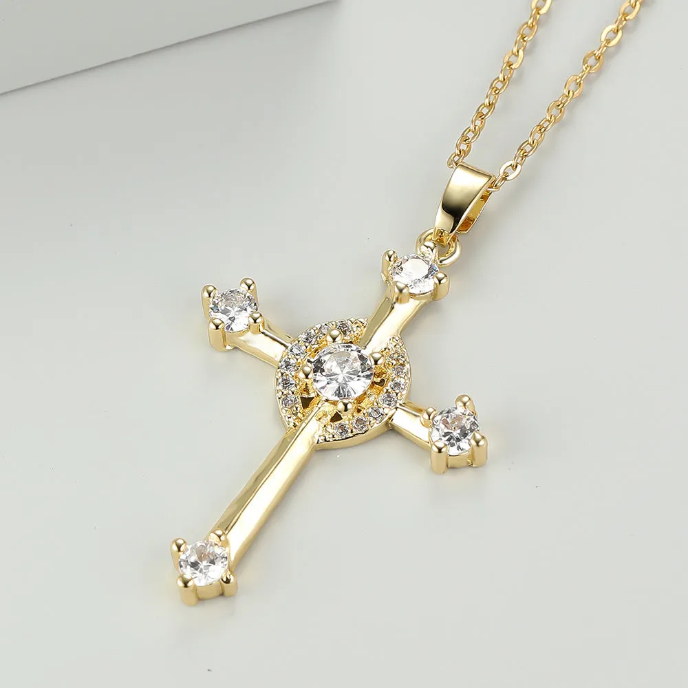 Luxury Cross Zircon Pendant Necklace, Golden Color Chain Necklaces Charm White Zircon Wedding Necklaces For Women