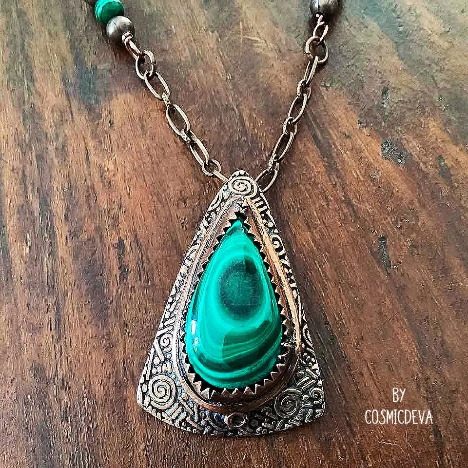 Malachite Pendant Necklace, Malachite Copper Necklace