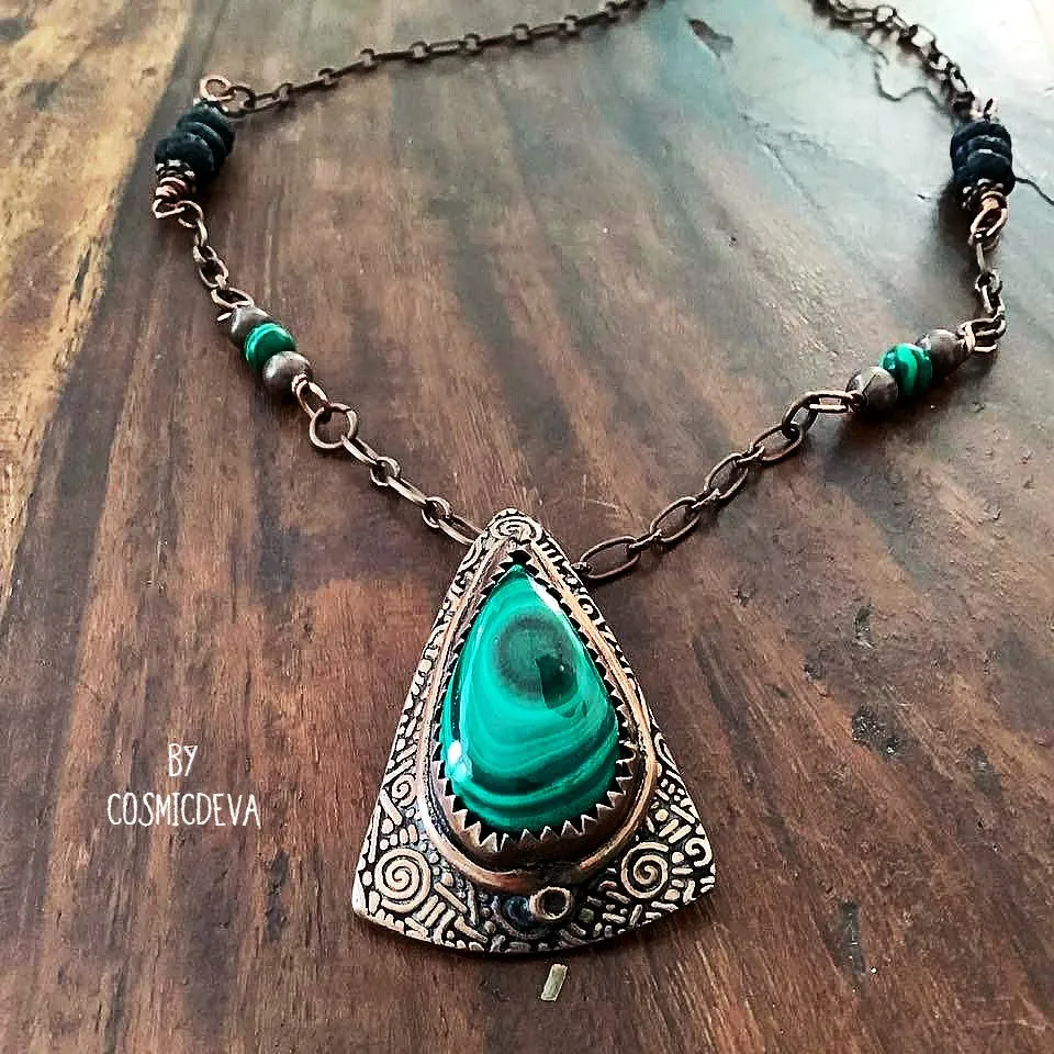 Malachite Pendant Necklace, Malachite Copper Necklace