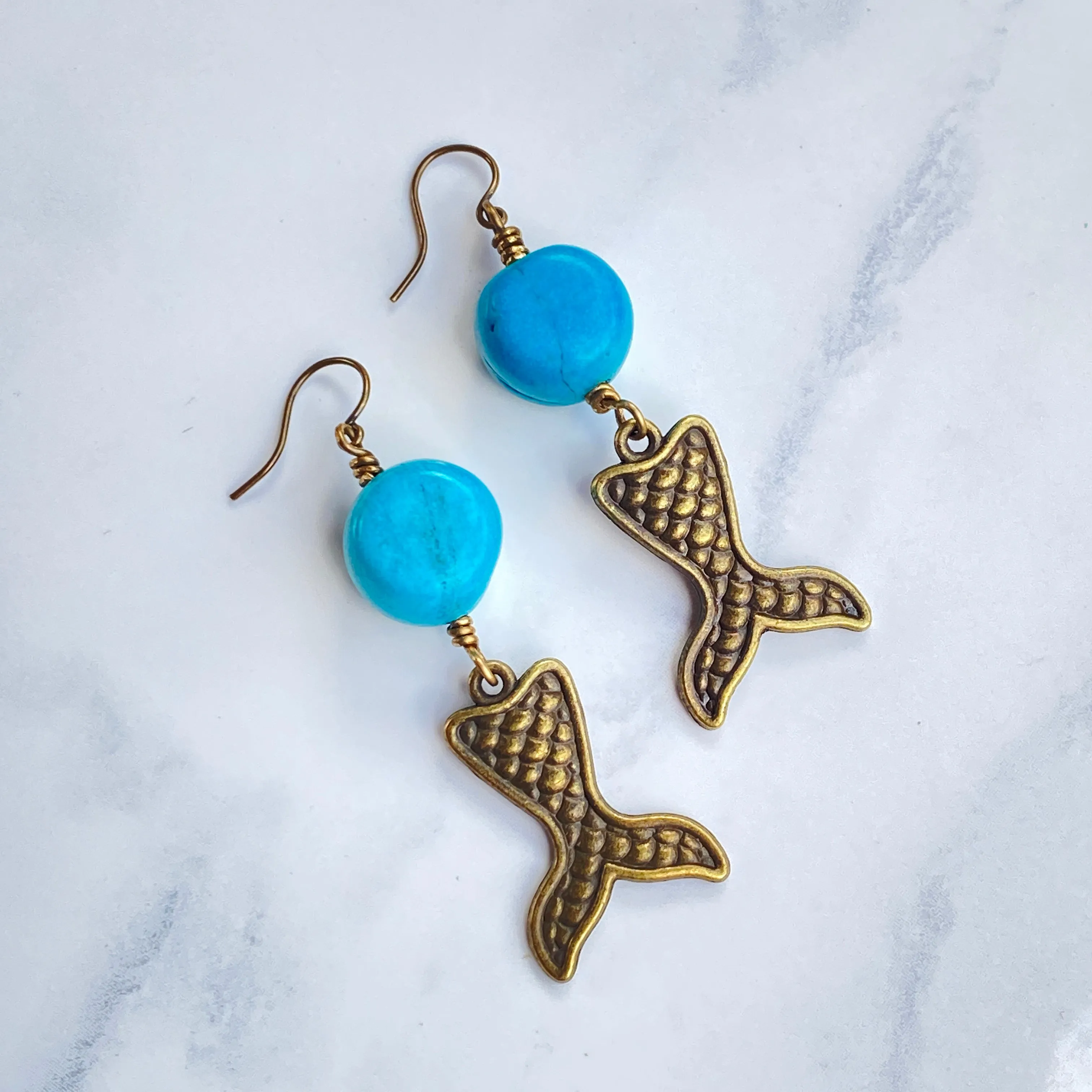 Mermaid and Turquoise gemstone Dangle Drop Mermaid Tail Earrings