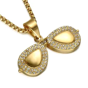 Paved Crystal-Studded Gold-Plated Sunglasses Bling Stainless Steel Hip-hop Pendant Necklace