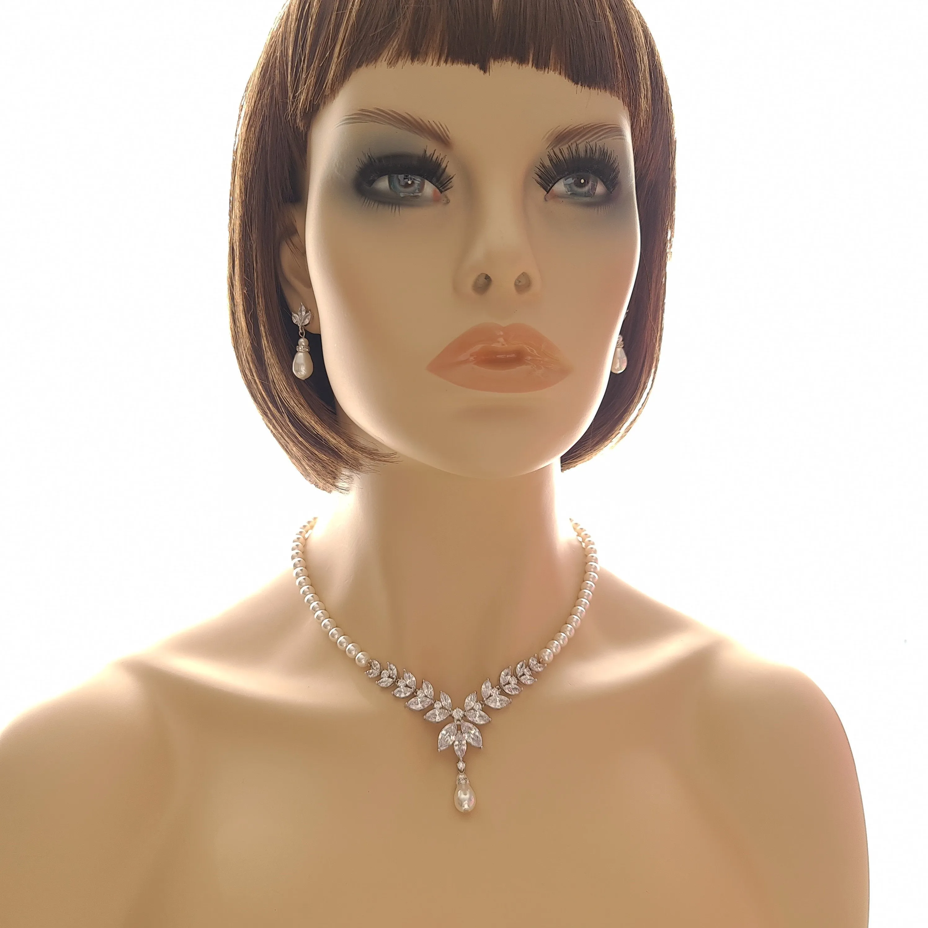 Pearl Bridal Necklace with Detachable Backdrops-Katie