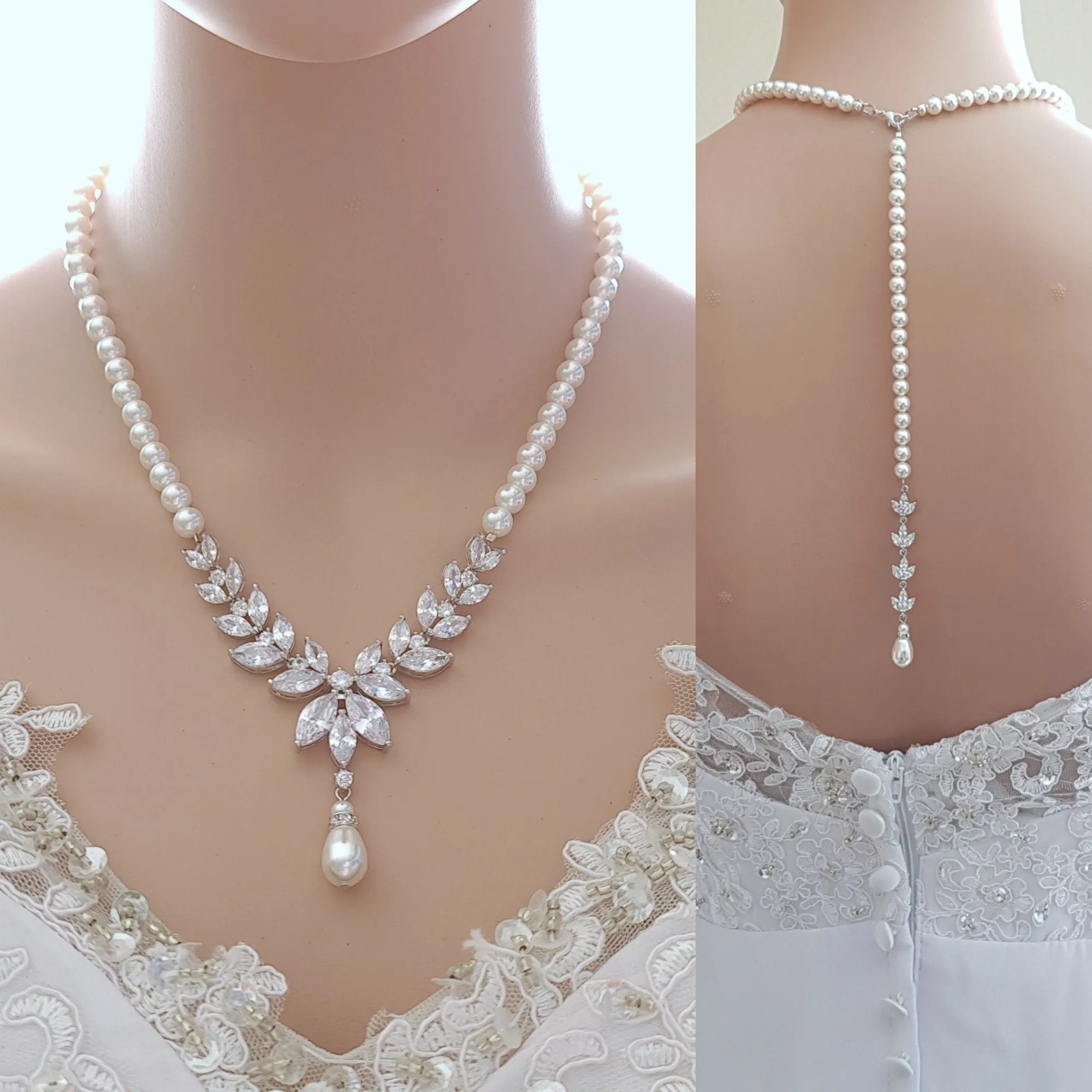 Pearl Bridal Necklace with Detachable Backdrops-Katie