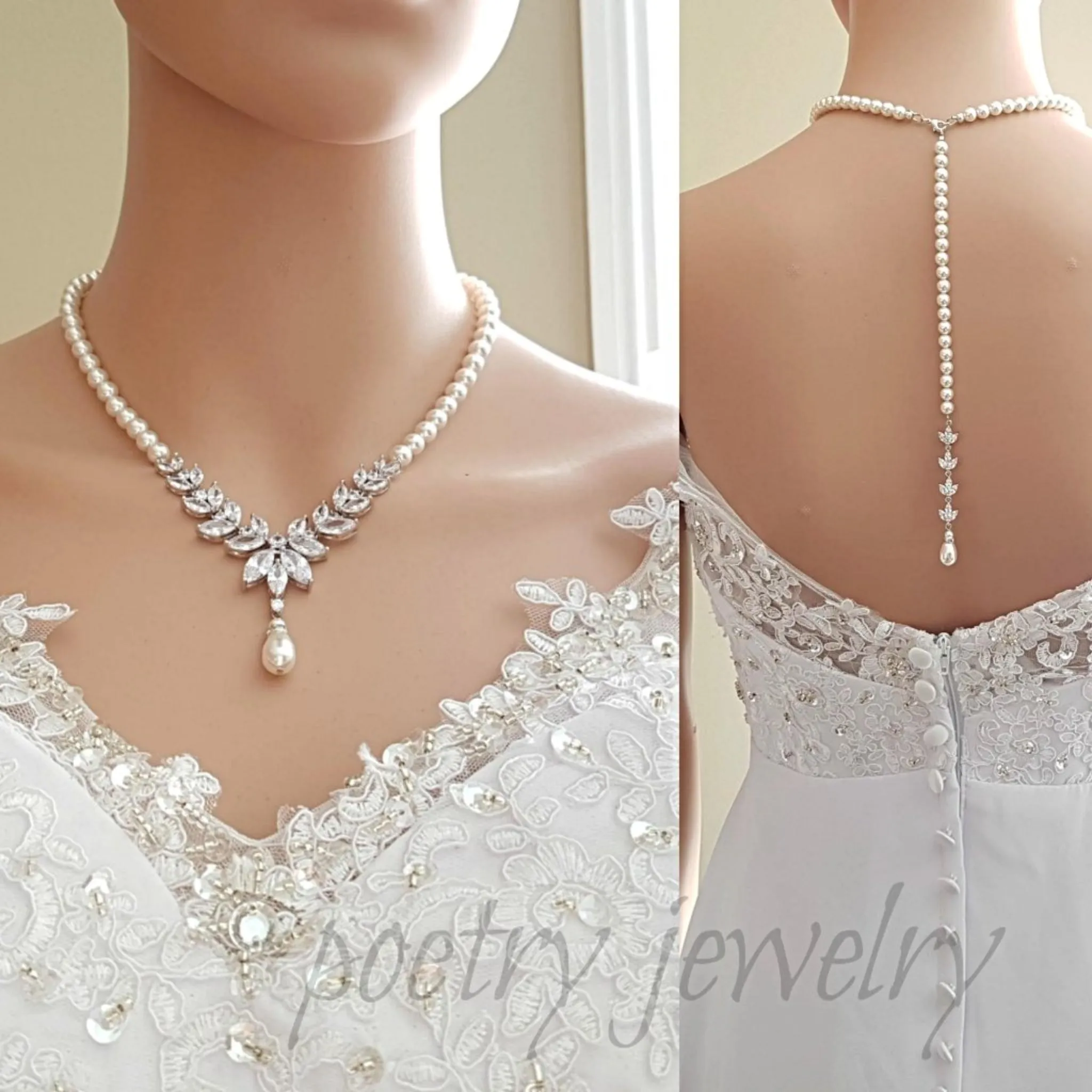 Pearl Bridal Necklace with Detachable Backdrops-Katie