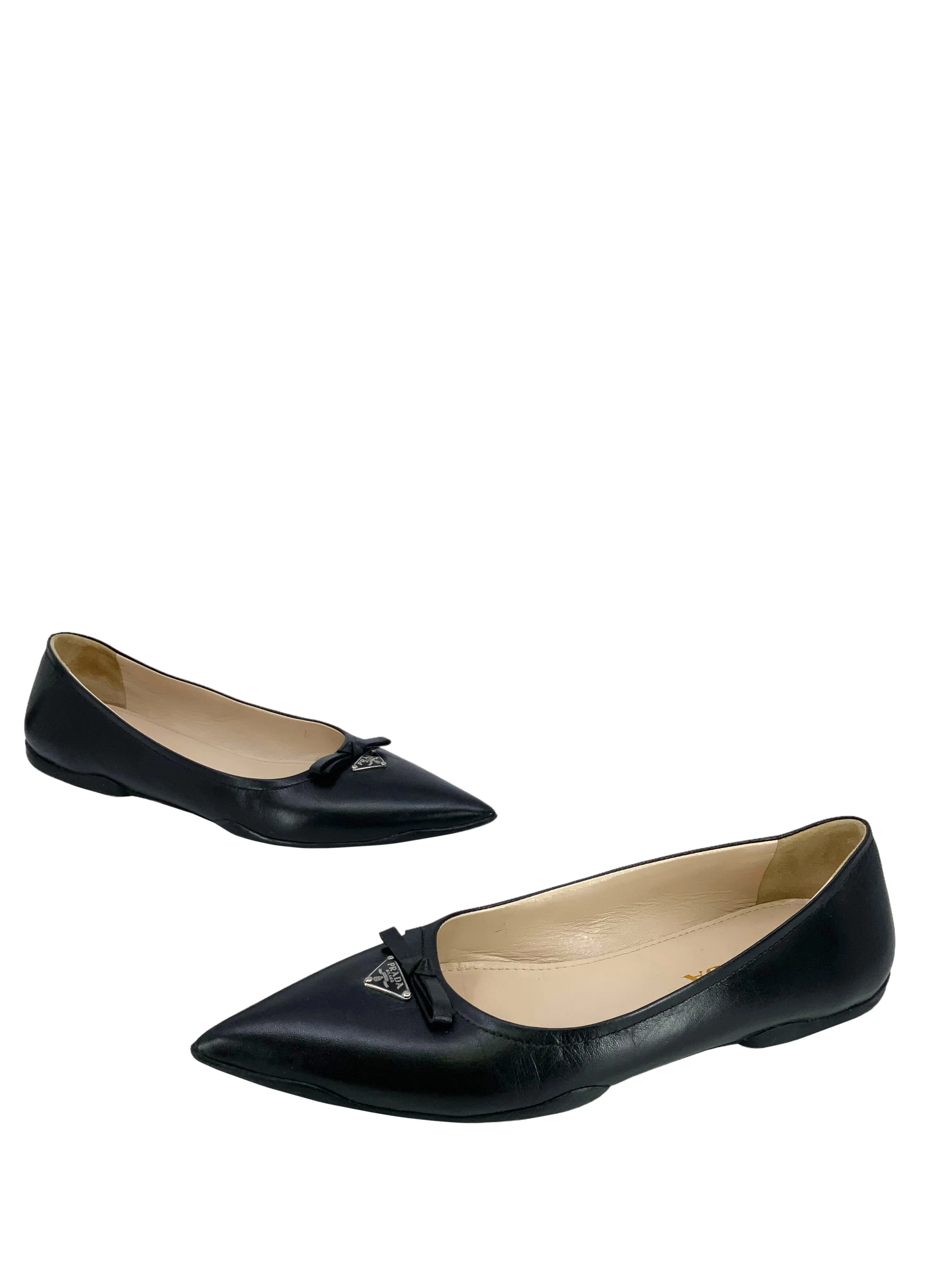 Prada Leather Triangle Logo Point Toe Bow Flats Size 7