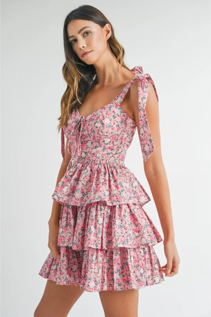 (Pre-Order Only! May '24) Emma Shabby Chic Floral Tiered Mini Dress - Pink