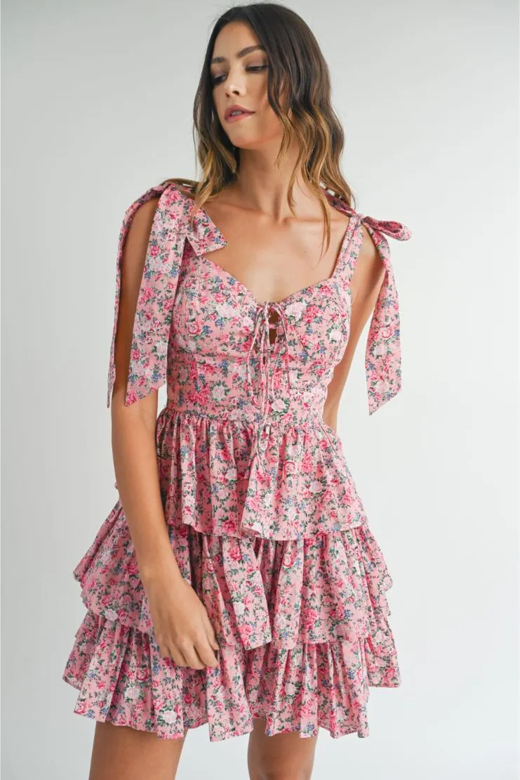 (Pre-Order Only! May '24) Emma Shabby Chic Floral Tiered Mini Dress - Pink