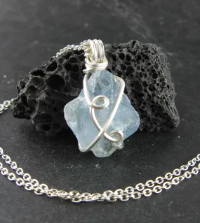 Raw Blue Celestite Crystal Pendant, Silver Wire-Wrapped, with 20 Chain, Handmade