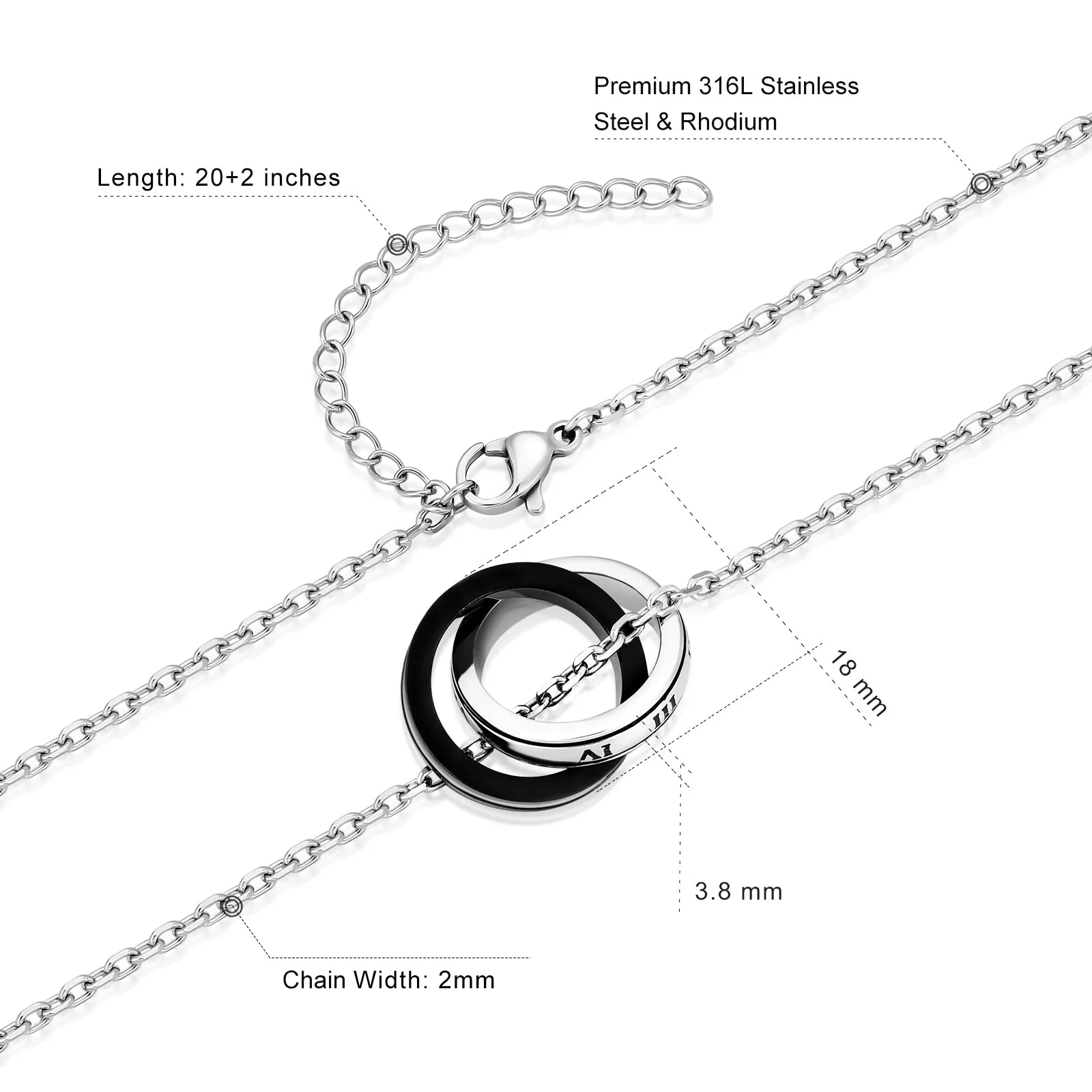 Roman Numerals Double Ring Pendant Necklace