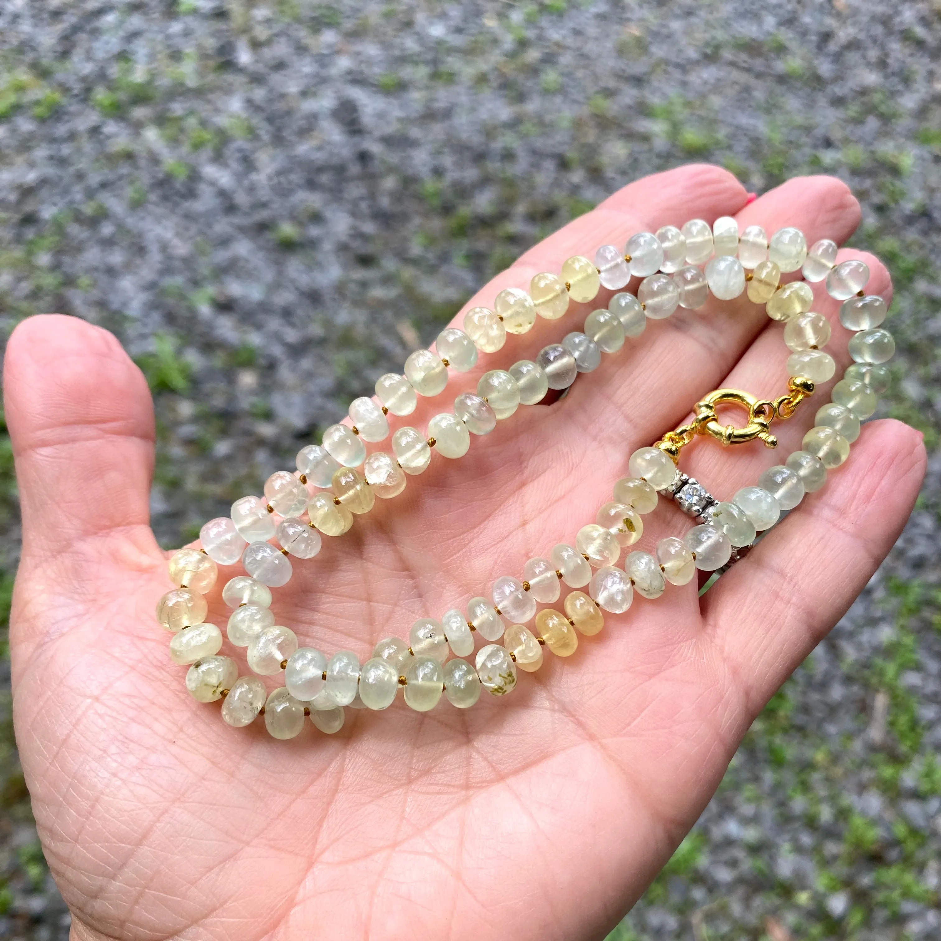 Shaded Prehnite Candy Necklace, Gold Vermeil Plated Marine Closure and Details, 19.5in