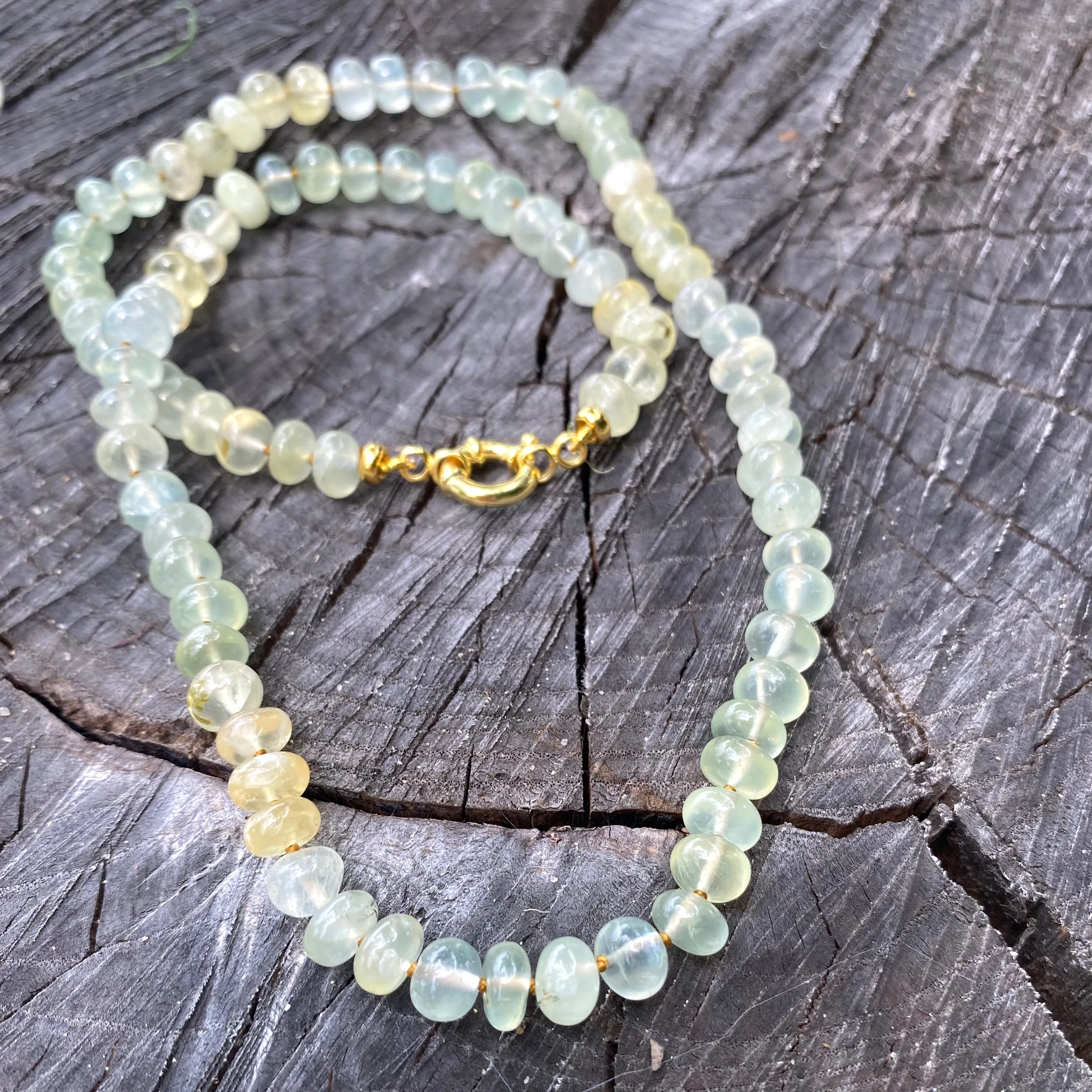 Shaded Prehnite Candy Necklace, Gold Vermeil Plated Marine Closure and Details, 19.5in