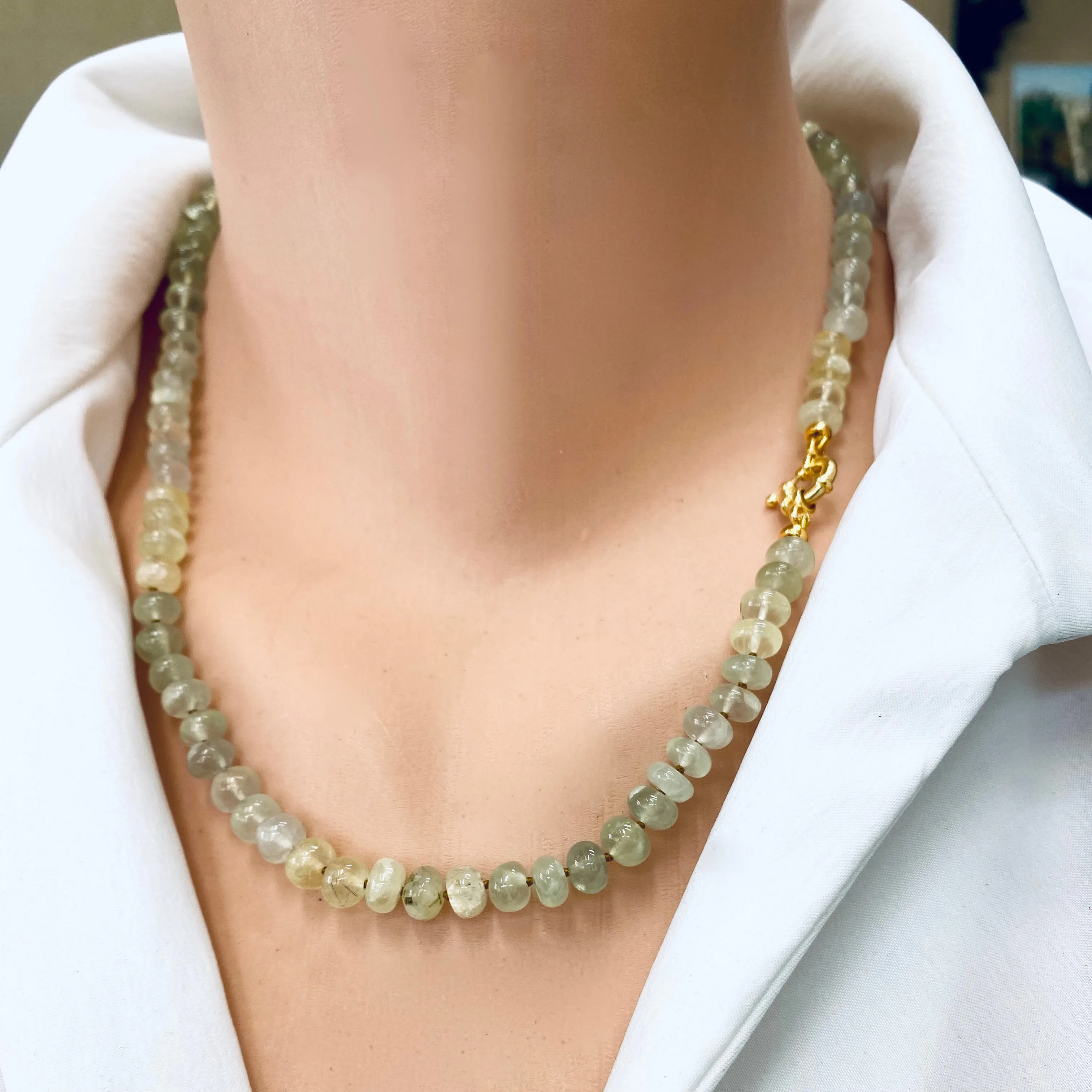 Shaded Prehnite Candy Necklace, Gold Vermeil Plated Marine Closure and Details, 19.5in