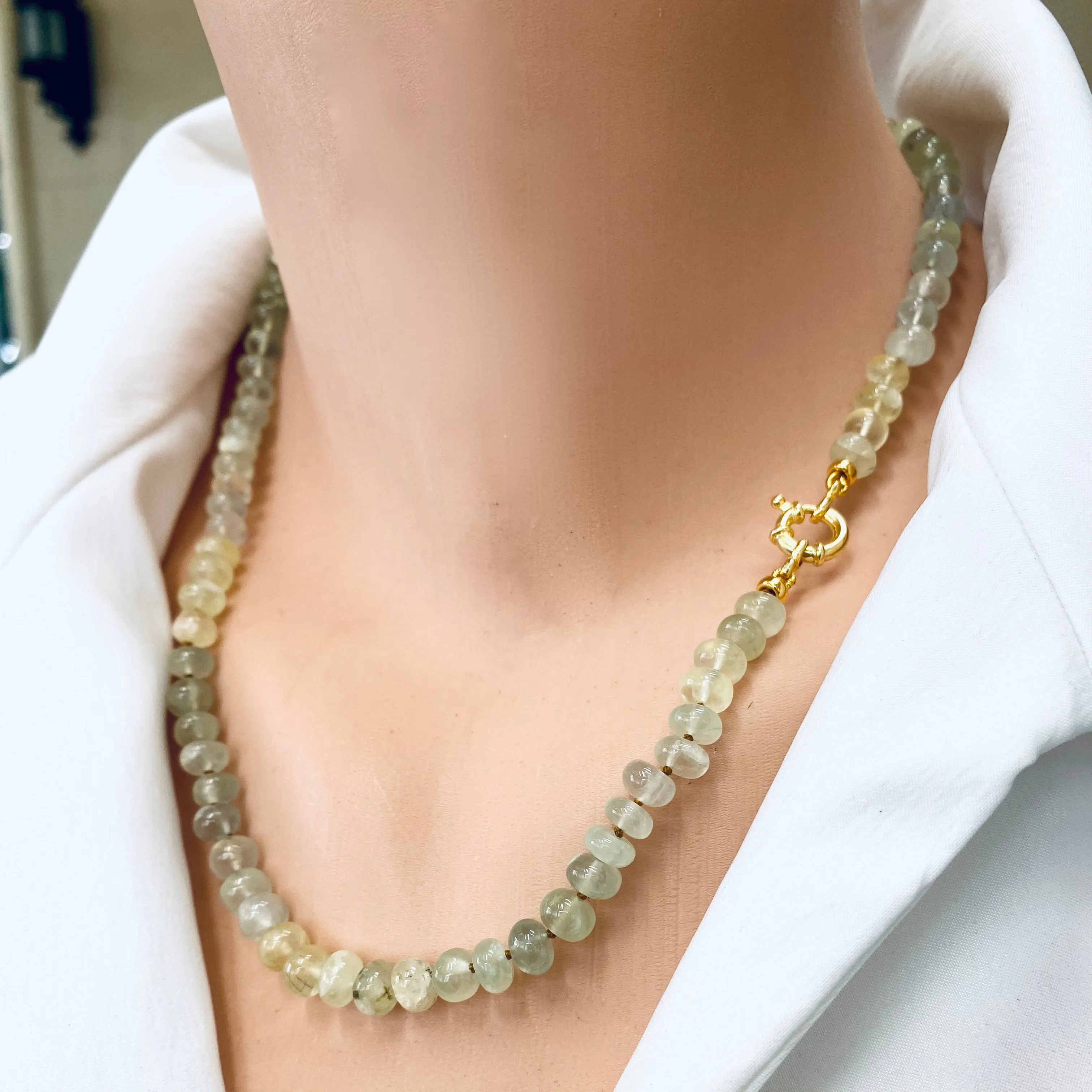 Shaded Prehnite Candy Necklace, Gold Vermeil Plated Marine Closure and Details, 19.5in