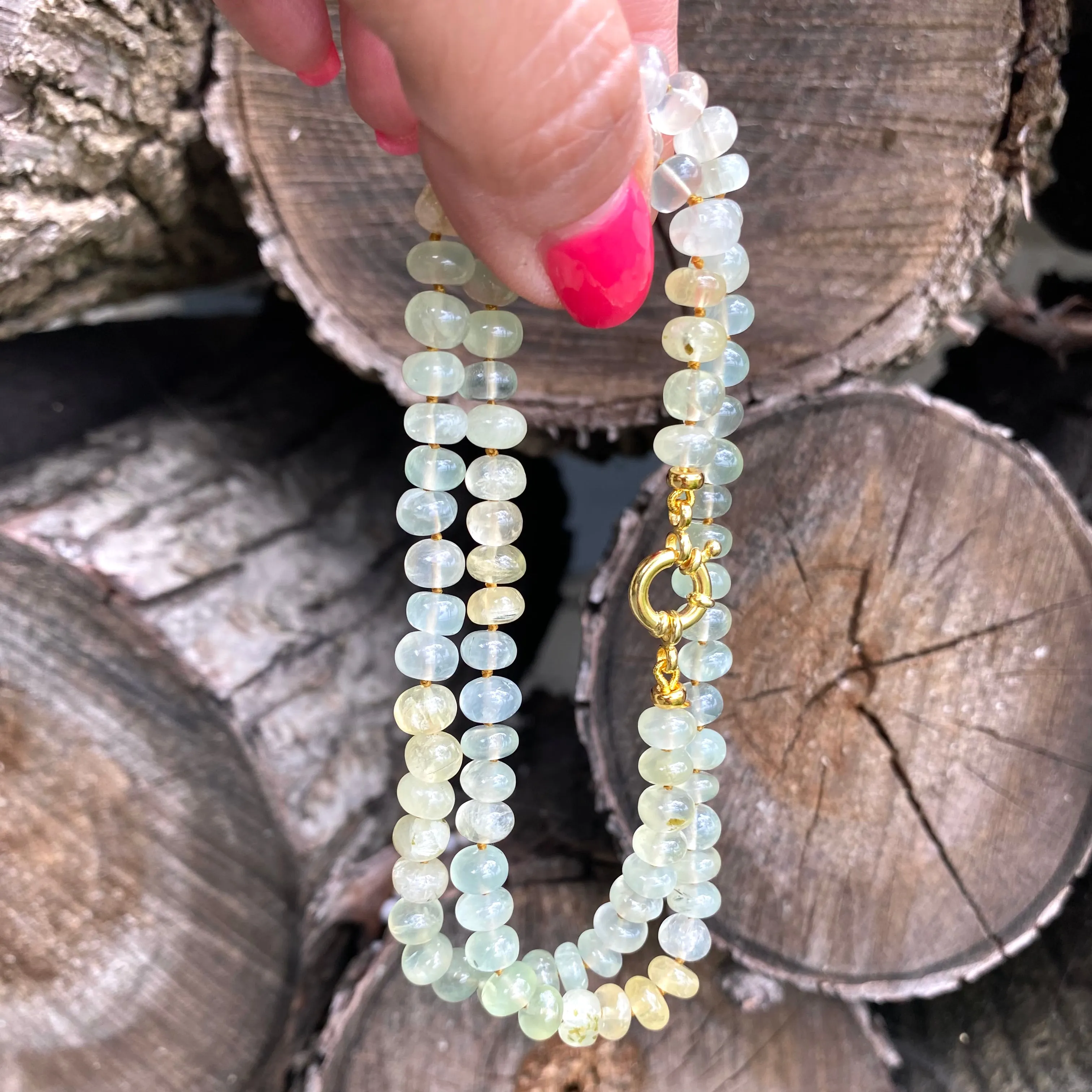 Shaded Prehnite Candy Necklace, Gold Vermeil Plated Marine Closure and Details, 19.5in