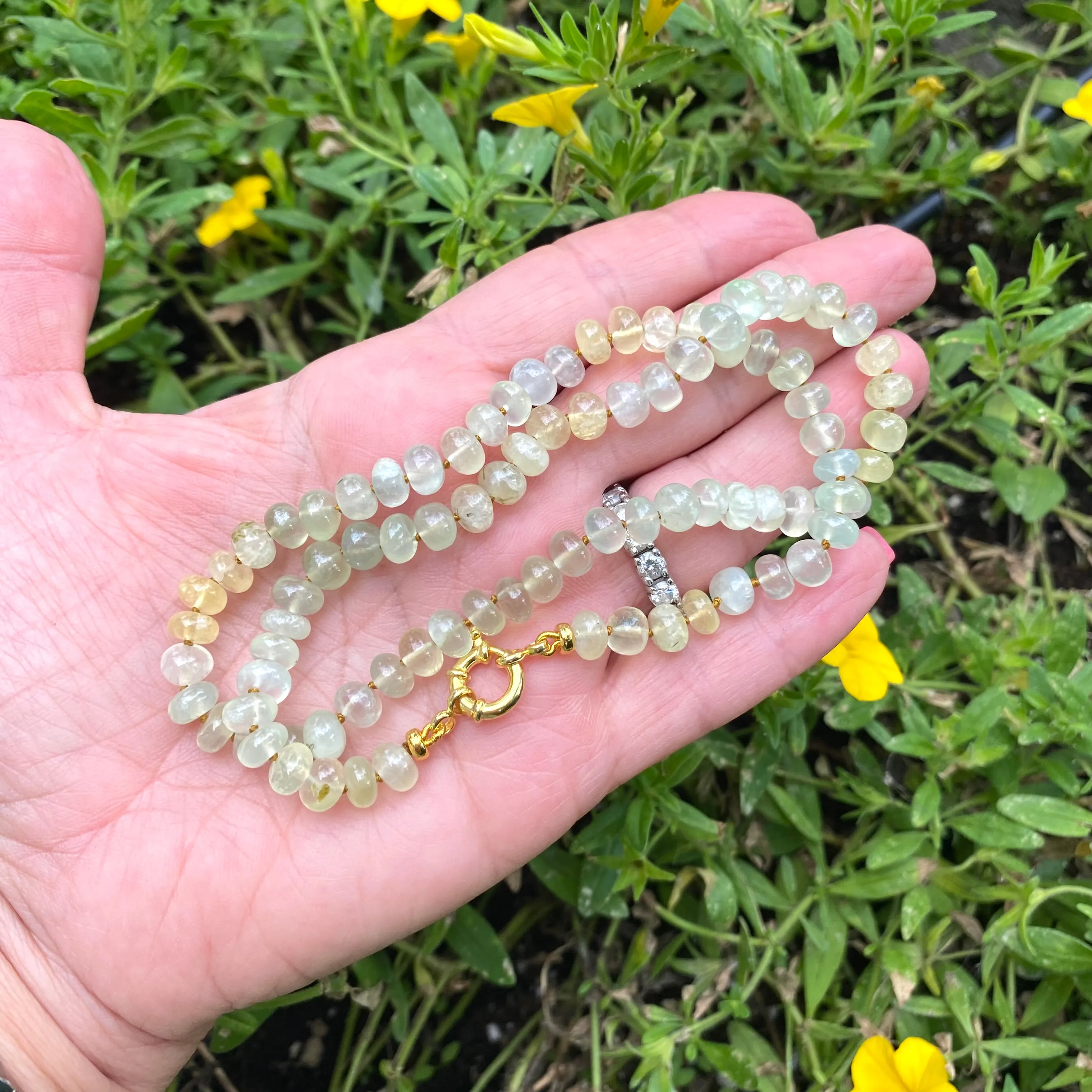 Shaded Prehnite Candy Necklace, Gold Vermeil Plated Marine Closure and Details, 19.5in