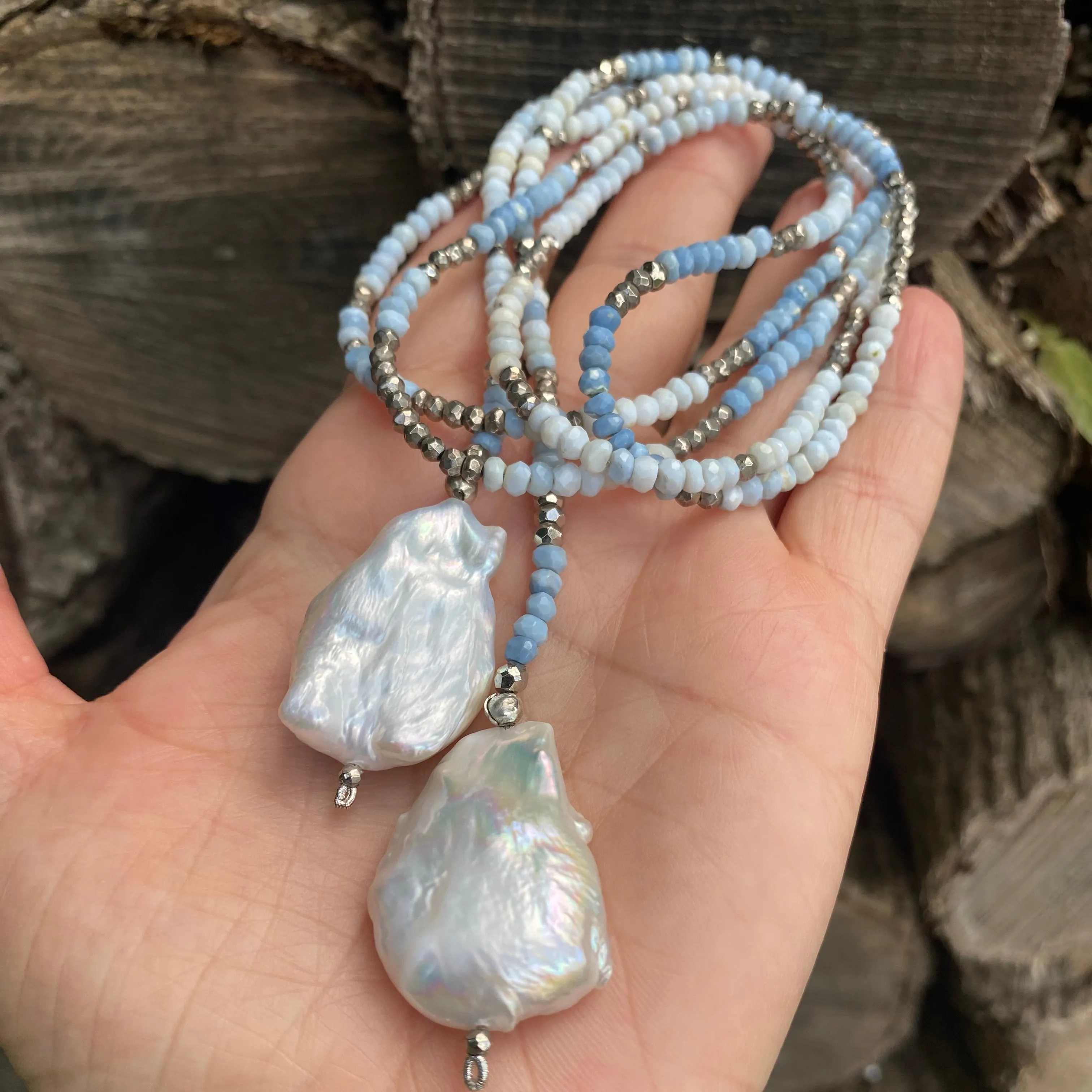 Shades of Blue Opal w Pyrites & Baroque Pearls Ombre Lariat Necklace