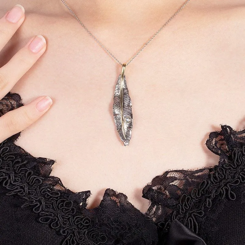 Simple Wild Larger Feather Necklace 925 Silver with 14K Gold plated