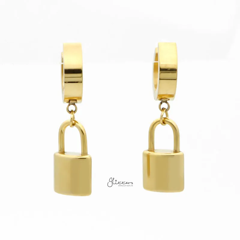 Stainless Steel Huggie Hoop Earrings with Padlock Charm - Gold