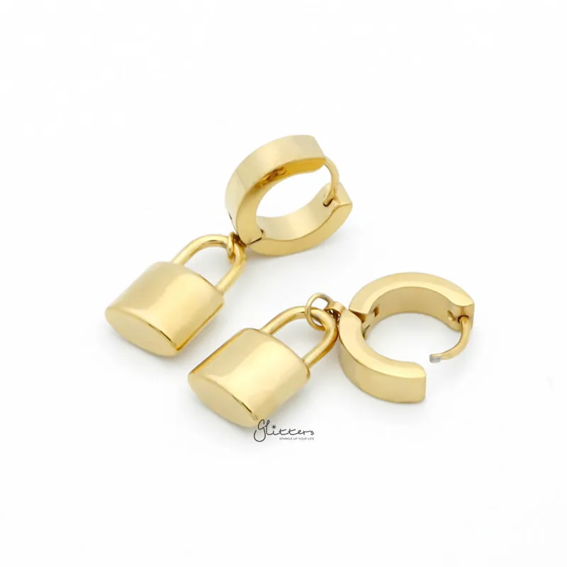 Stainless Steel Huggie Hoop Earrings with Padlock Charm - Gold