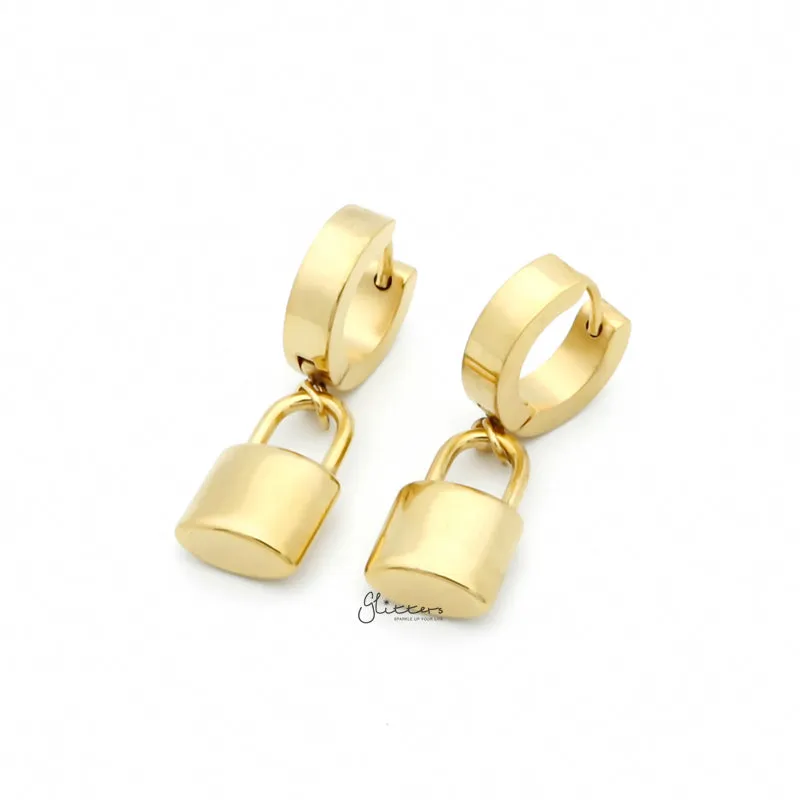 Stainless Steel Huggie Hoop Earrings with Padlock Charm - Gold