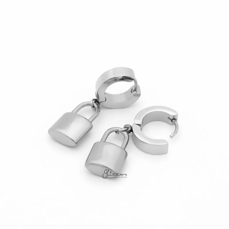 Stainless Steel Huggie Hoop Earrings with Padlock Charm - Silver