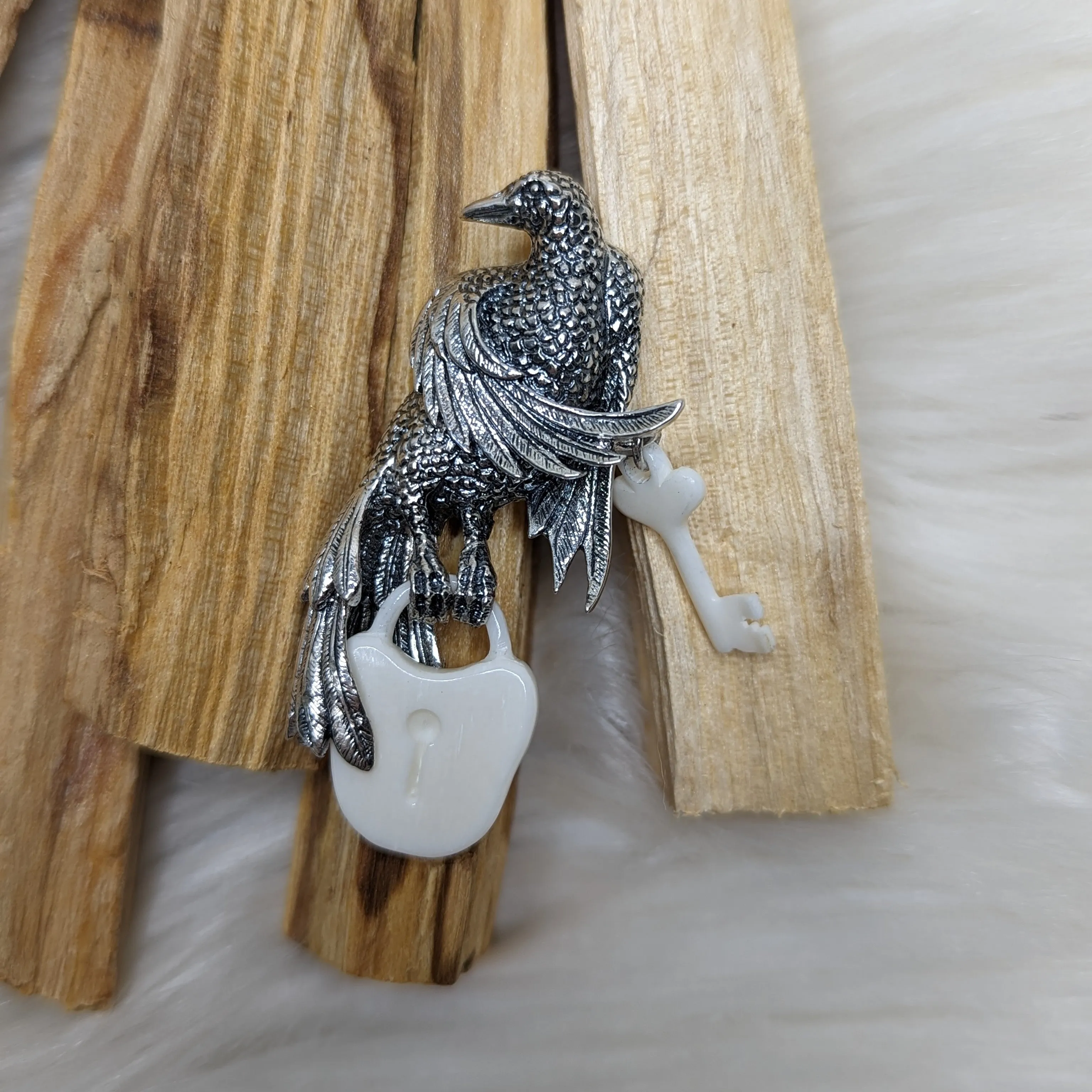 Sterling Silver Raven with Bone Carving Lock & Key Pendant ~ Includes Silver Chain