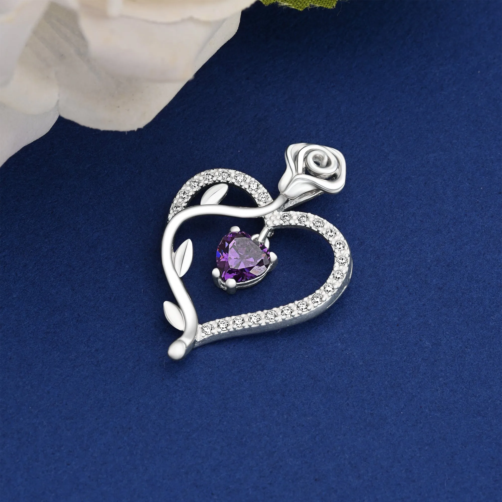 Sterling Silver Rose Heart Pendant with Purple CZ