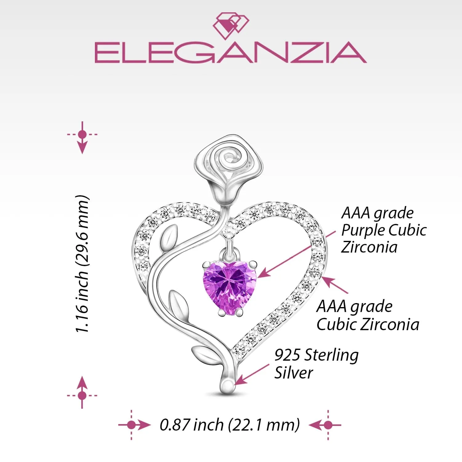 Sterling Silver Rose Heart Pendant with Purple CZ