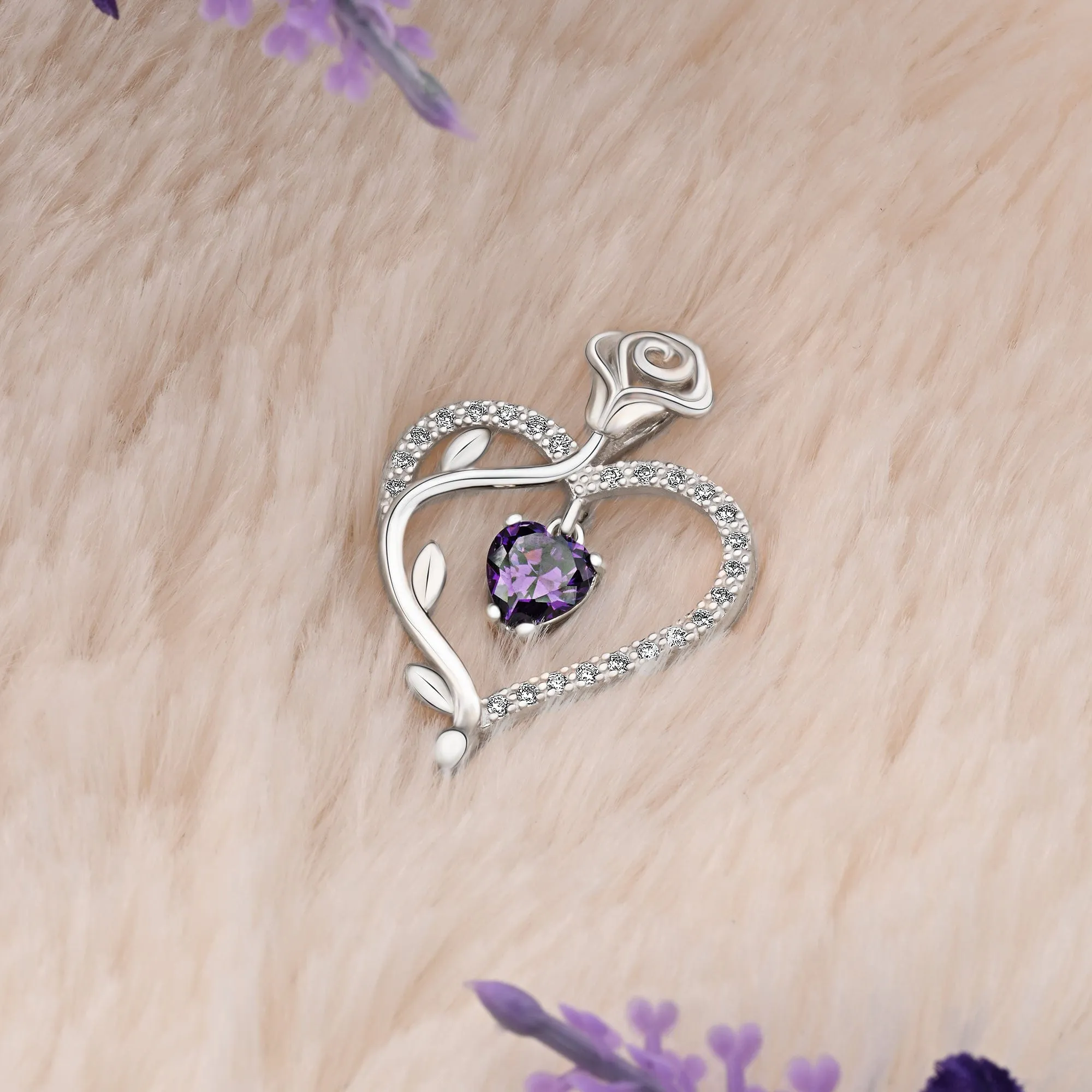 Sterling Silver Rose Heart Pendant with Purple CZ