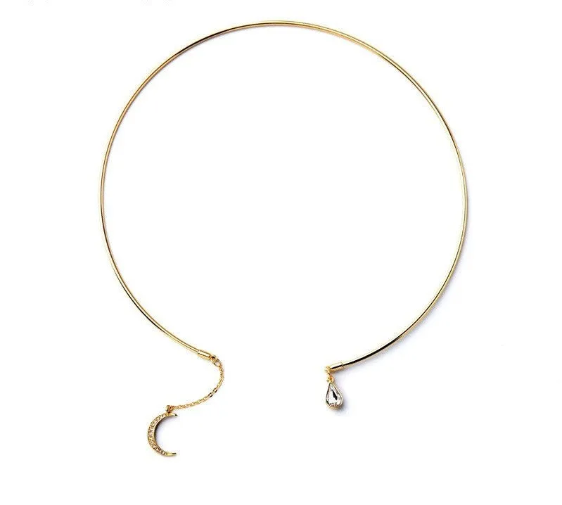 Stylish Open Gold Choker Necklace with Crystal Moon Pendant