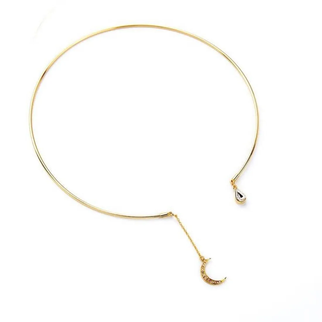 Stylish Open Gold Choker Necklace with Crystal Moon Pendant