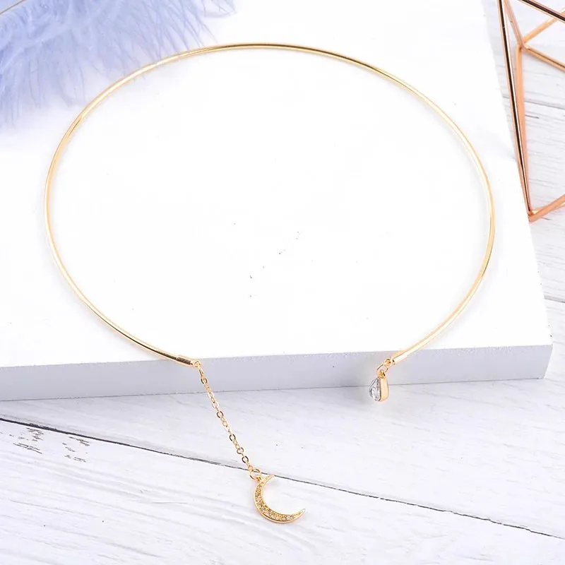 Stylish Open Gold Choker Necklace with Crystal Moon Pendant